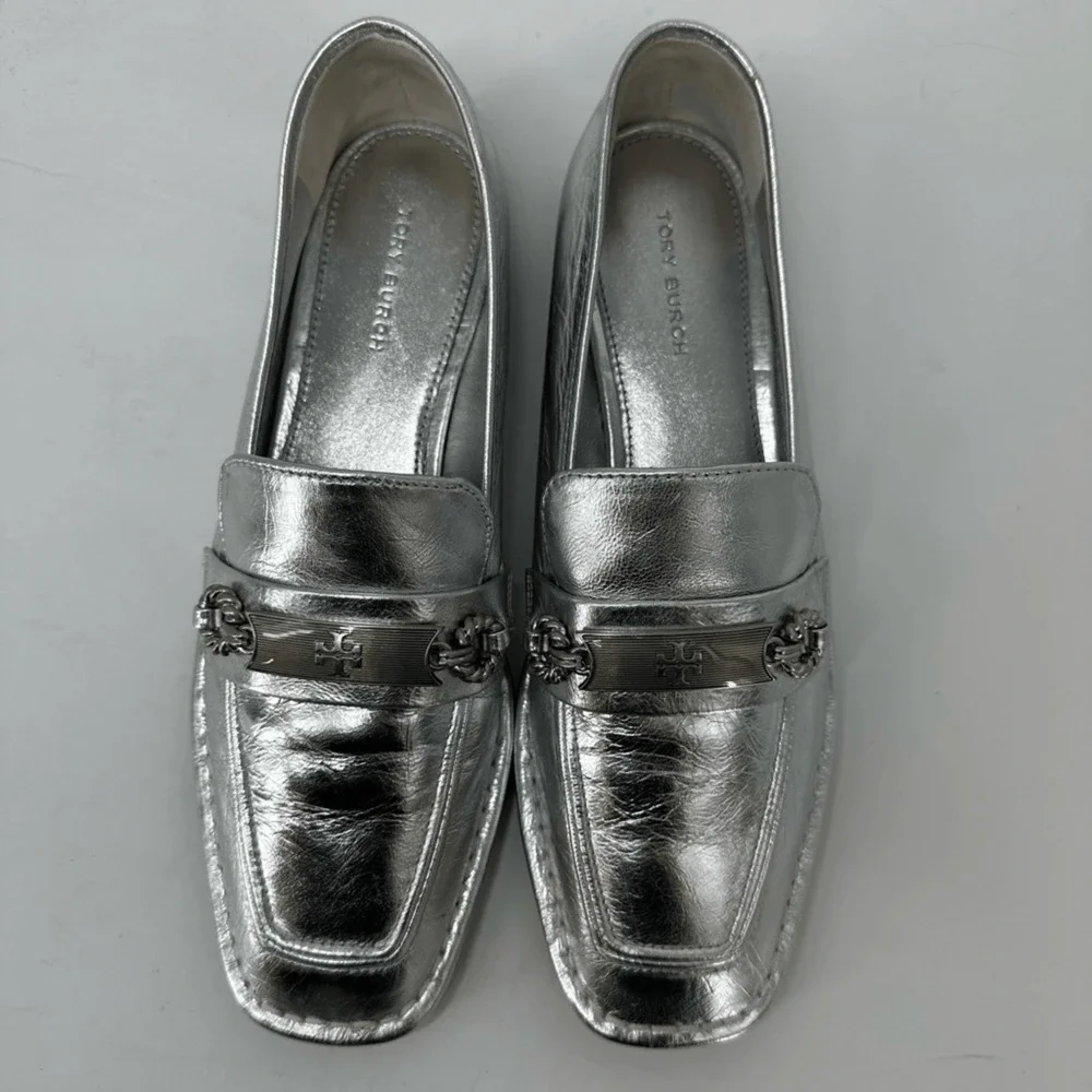 Tory Burch Perrine Metallic Chain Loafers Size 6.5 Silver Leather Flats